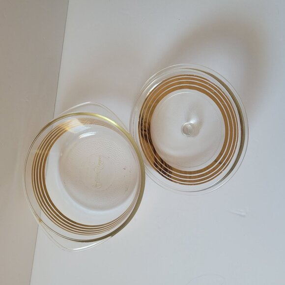 Inlaid Glass Golden Stripe Ovenware Casserole Dish With Lid Vintage Clear Glass - Picture 4 of 8